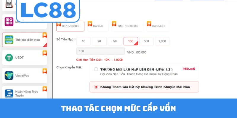 Thao tác chọn mức cấp vốn
